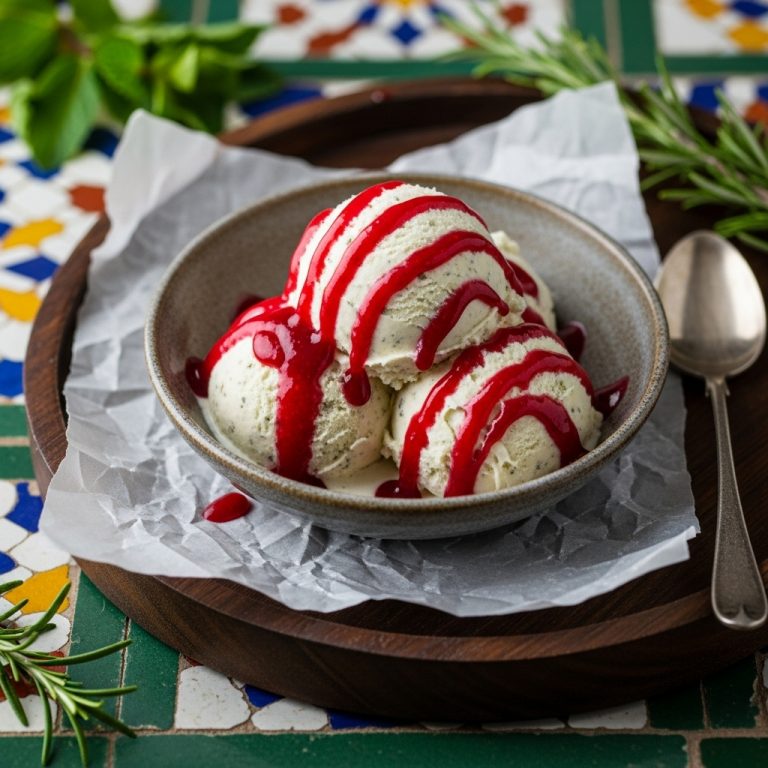 Eisbecher mit Kräuterlikör-Eiscreme und Himbeer-Coulis